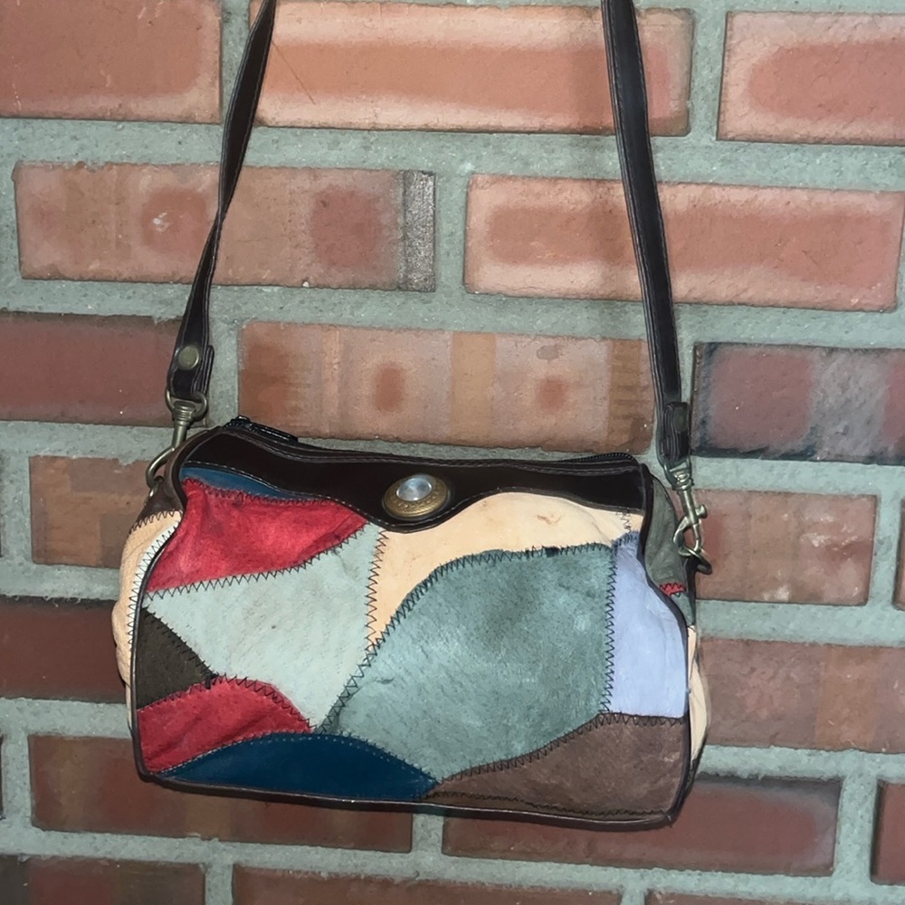 Patchwork vintage crossbody leather yellow blue brown red purse zip top gorg 8”